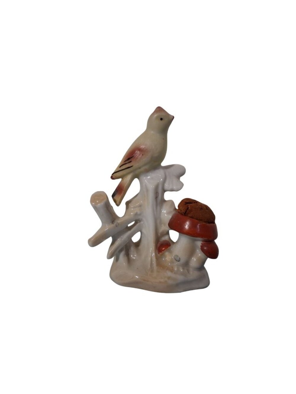 Vintage Porcelain Bird Figurine With A Mushroom Pin Cushion